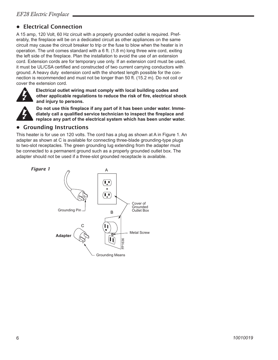 Ef28 electric fireplace, Electrical connection, Grounding instructions | CFM Corporation EF28 User Manual | Page 6 / 16