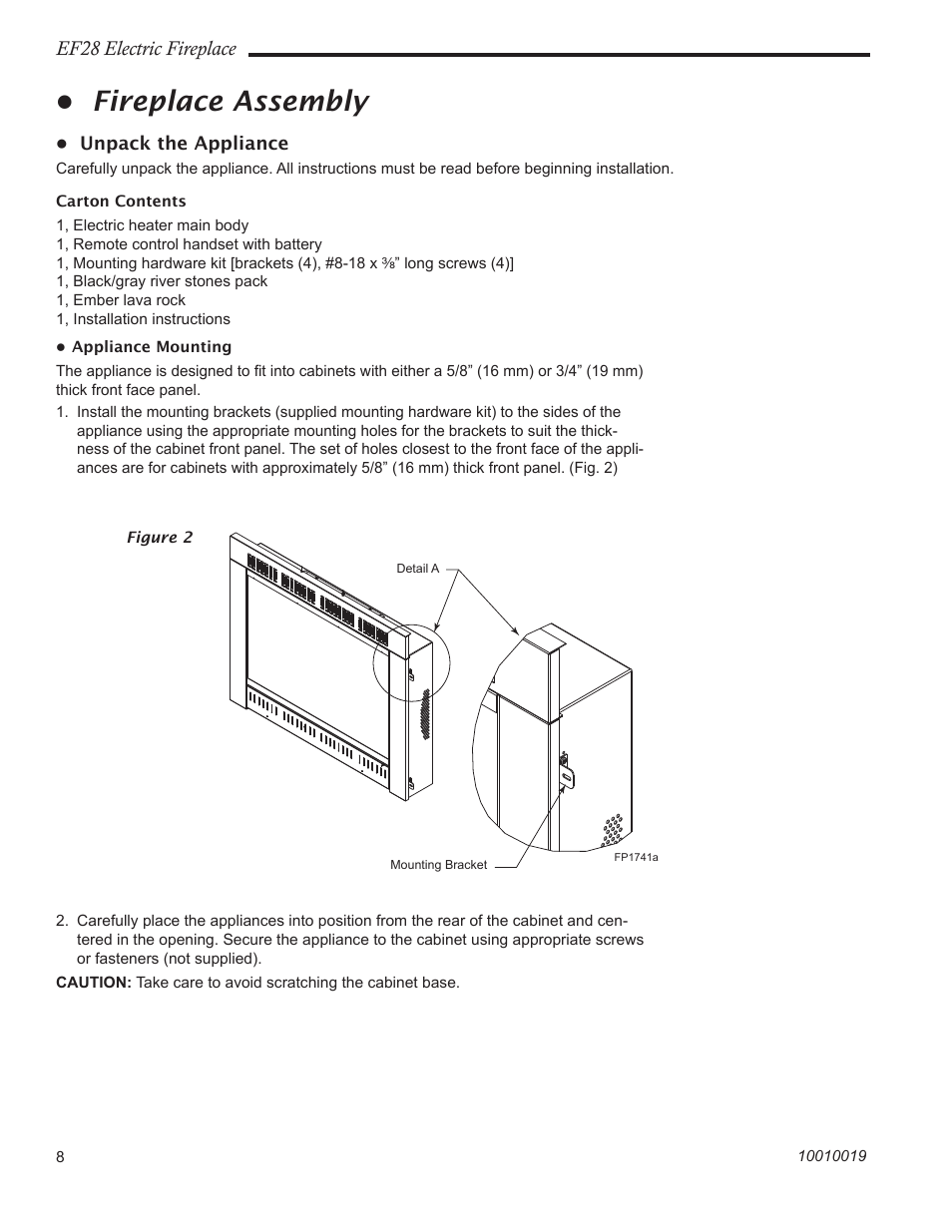 Fireplace assembly, Ef28 electric fireplace | CFM Corporation EF28 User Manual | Page 8 / 16