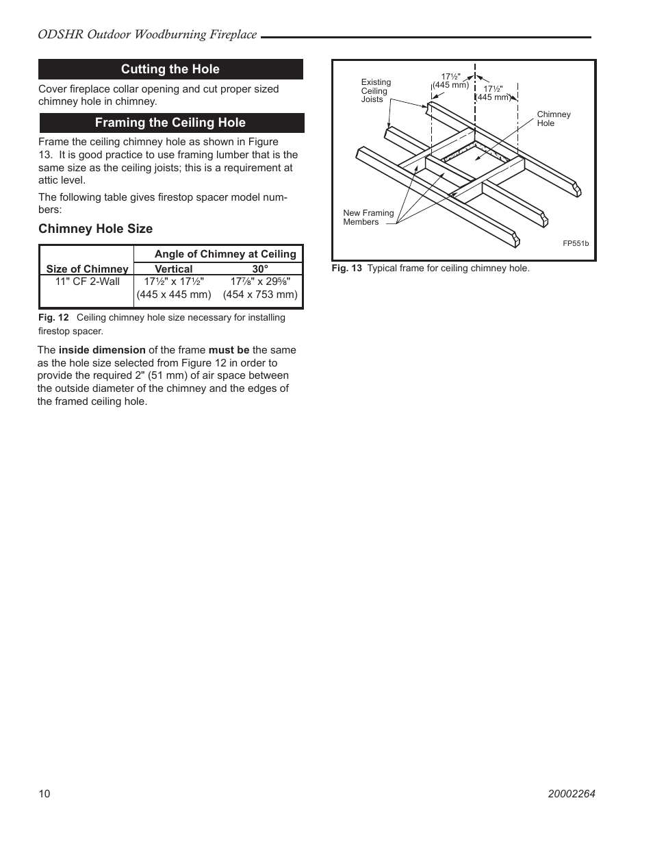 Odshr outdoor woodburning fireplace, Cutting the hole, Framing the ceiling hole | Chimney hole size | CFM Corporation ODSHR42 User Manual | Page 10 / 24