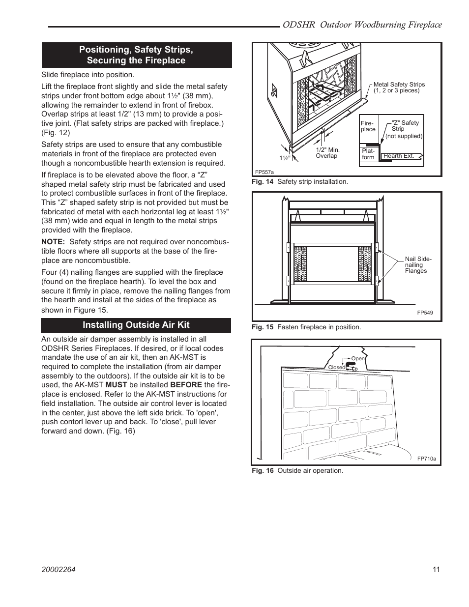 Odshr outdoor woodburning fireplace, Positioning, safety strips, securing the fireplace, Installing outside air kit | CFM Corporation ODSHR42 User Manual | Page 11 / 24