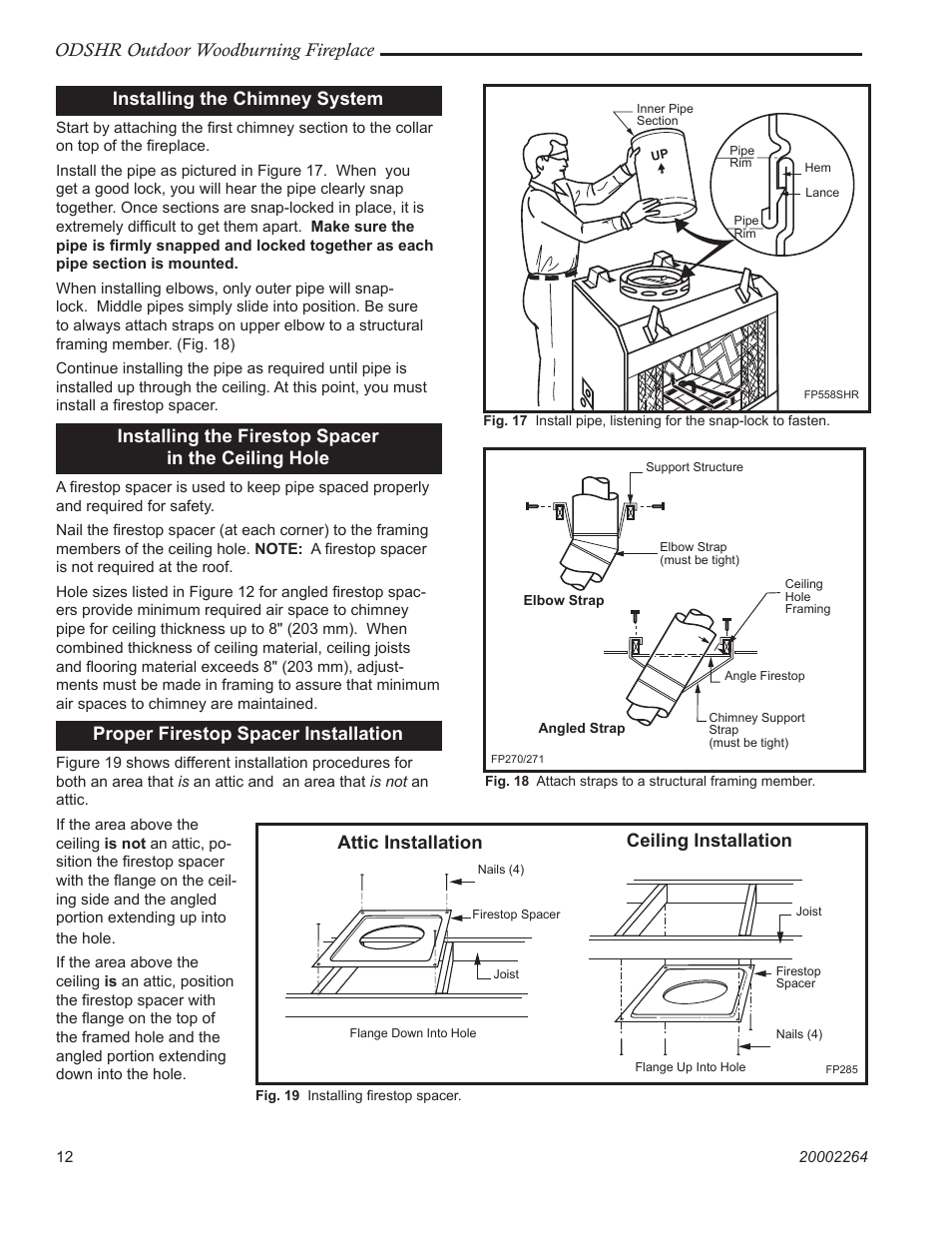 Odshr outdoor woodburning fireplace, Installing the chimney system, Installing the firestop spacer in the ceiling hole | Proper firestop spacer installation, Attic installation ceiling installation | CFM Corporation ODSHR42 User Manual | Page 12 / 24