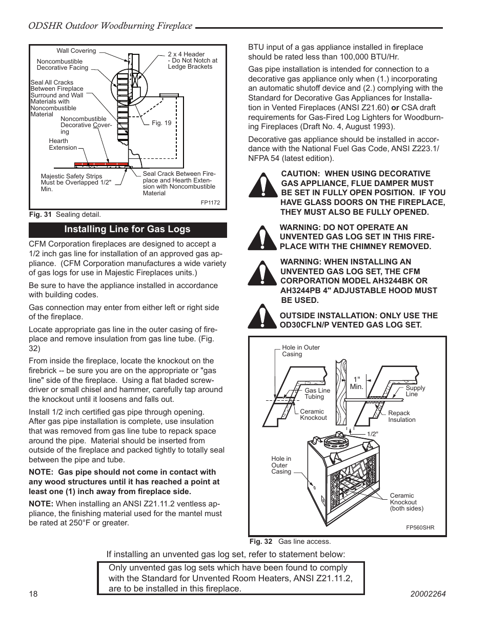 Odshr outdoor woodburning fireplace, Installing line for gas logs | CFM Corporation ODSHR42 User Manual | Page 18 / 24