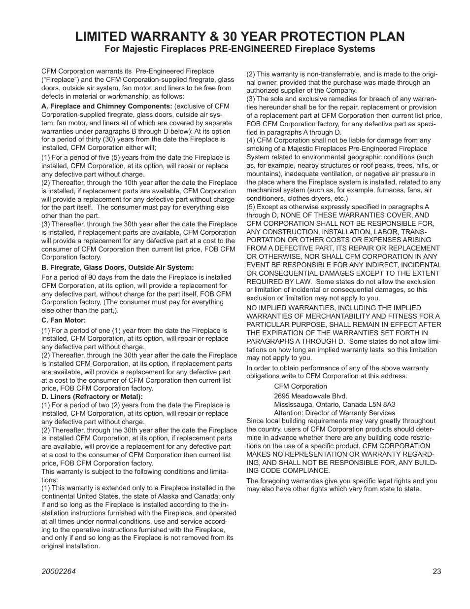 Limited warranty & 30 year protection plan | CFM Corporation ODSHR42 User Manual | Page 23 / 24