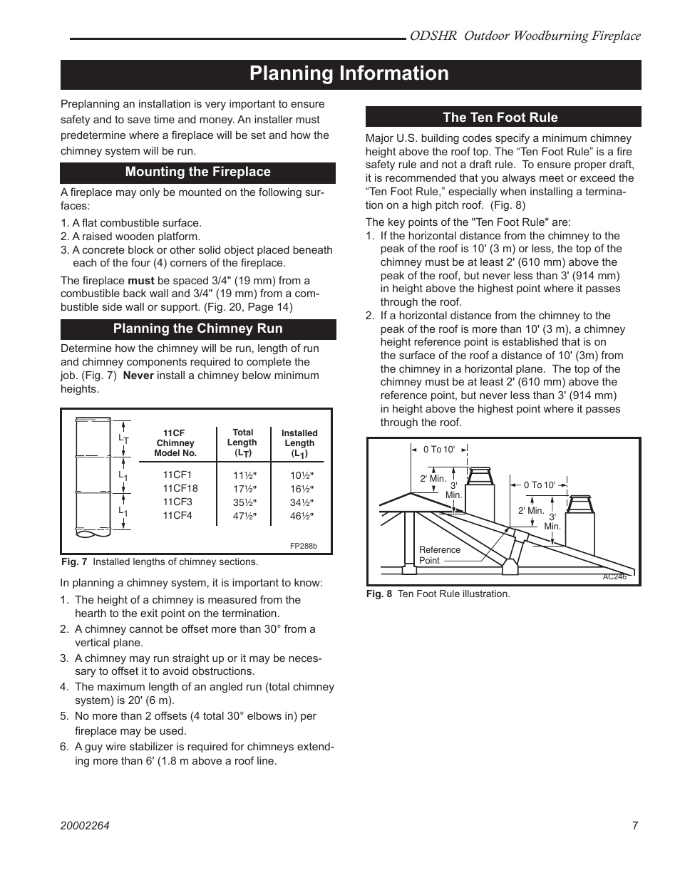 Planning information, Odshr outdoor woodburning fireplace, The ten foot rule | Mounting the fireplace, Planning the chimney run | CFM Corporation ODSHR42 User Manual | Page 7 / 24