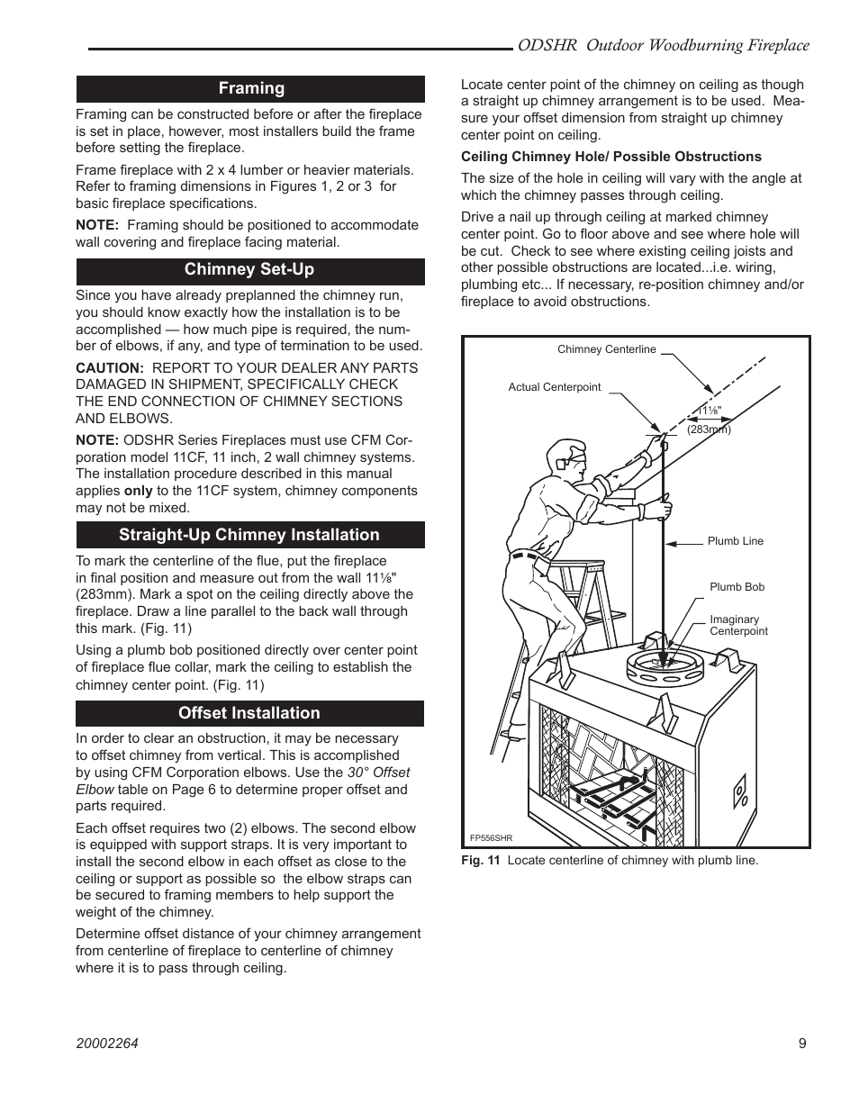 Odshr outdoor woodburning fireplace, Framing, Chimney set-up | Straight-up chimney installation, Offset installation | CFM Corporation ODSHR42 User Manual | Page 9 / 24