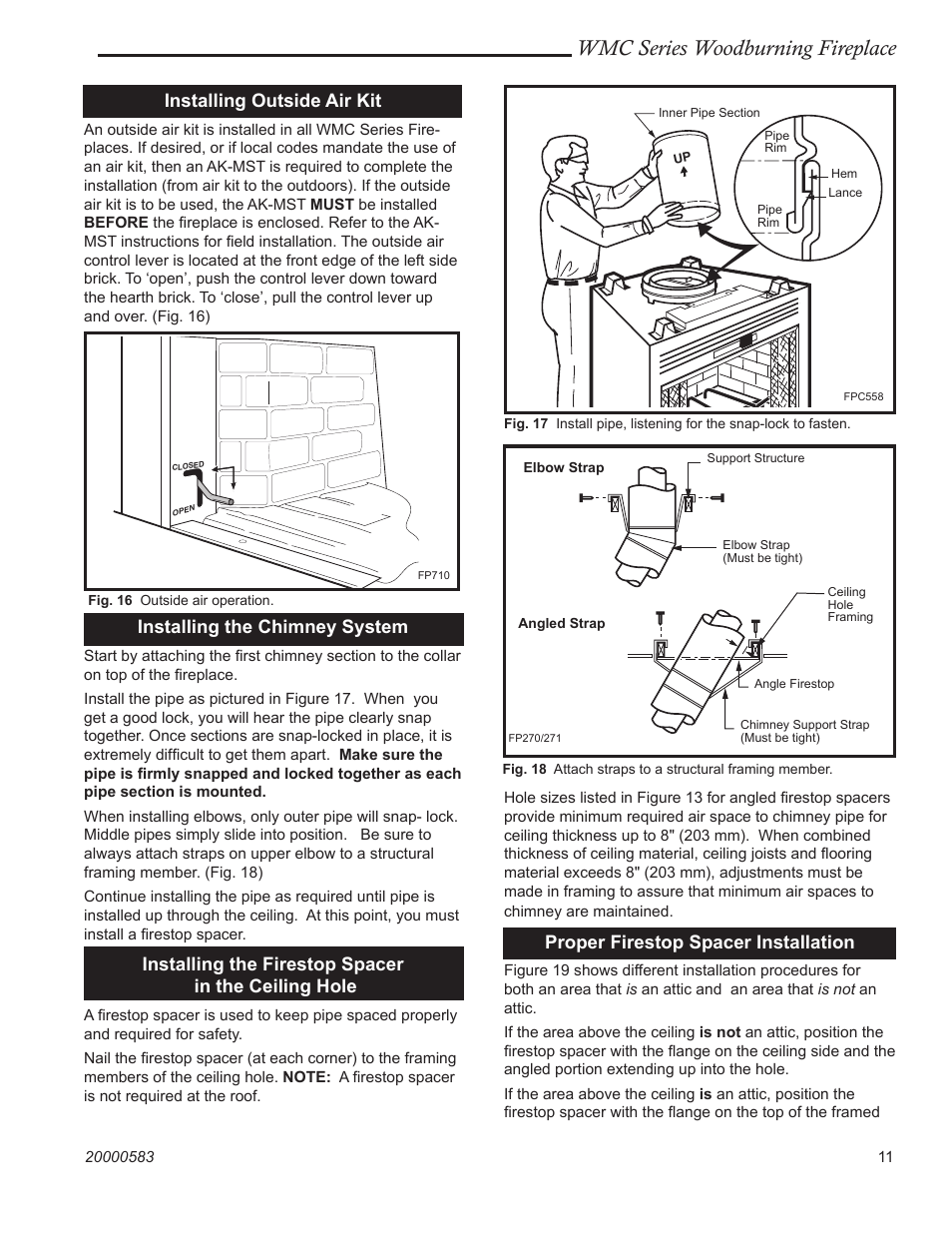 Wmc series woodburning fireplace, Installing outside air kit, Installing the chimney system | Installing the firestop spacer in the ceiling hole, Proper firestop spacer installation | CFM Corporation WMC36 WMC42 User Manual | Page 11 / 24