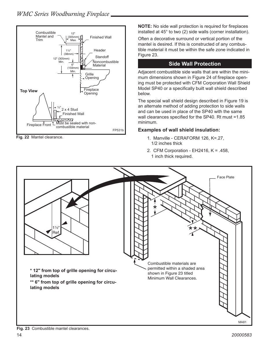 Wmc series woodburning fireplace, Side wall protection, Examples of wall shield insulation | CFM Corporation WMC36 WMC42 User Manual | Page 14 / 24