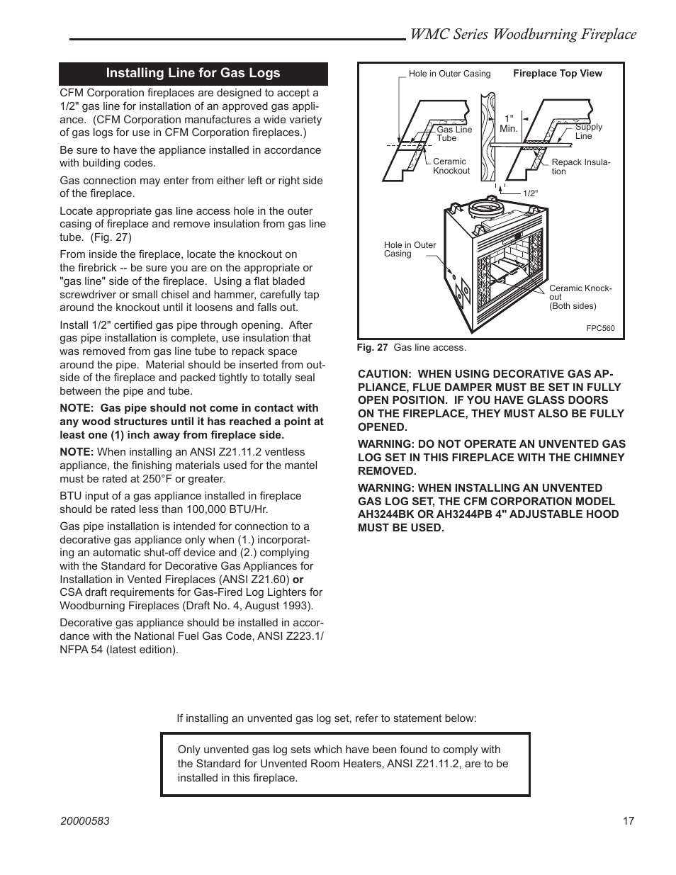 Wmc series woodburning fireplace, Installing line for gas logs | CFM Corporation WMC36 WMC42 User Manual | Page 17 / 24