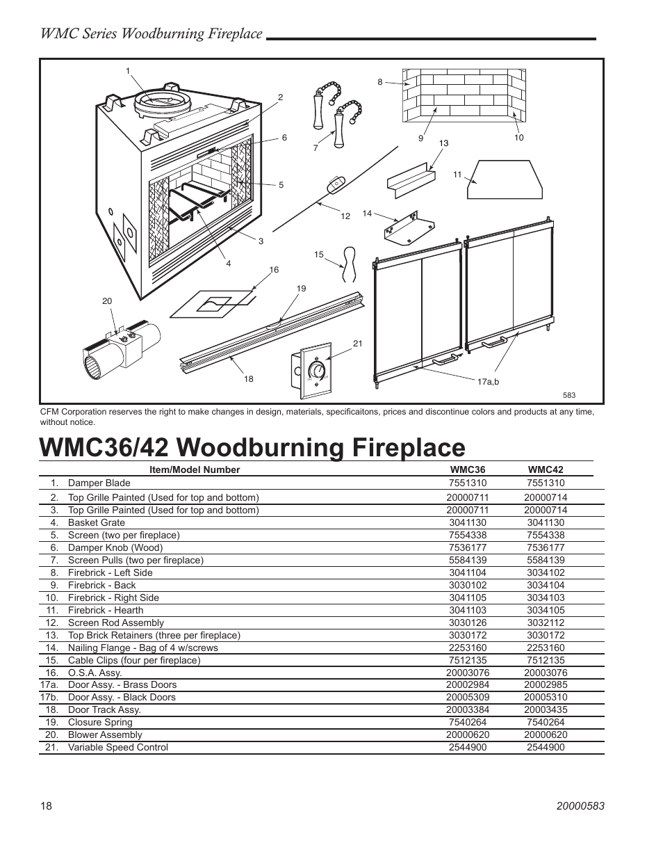 Wmc36/42 woodburning fireplace, Wmc series woodburning fireplace | CFM Corporation WMC36 WMC42 User Manual | Page 18 / 24