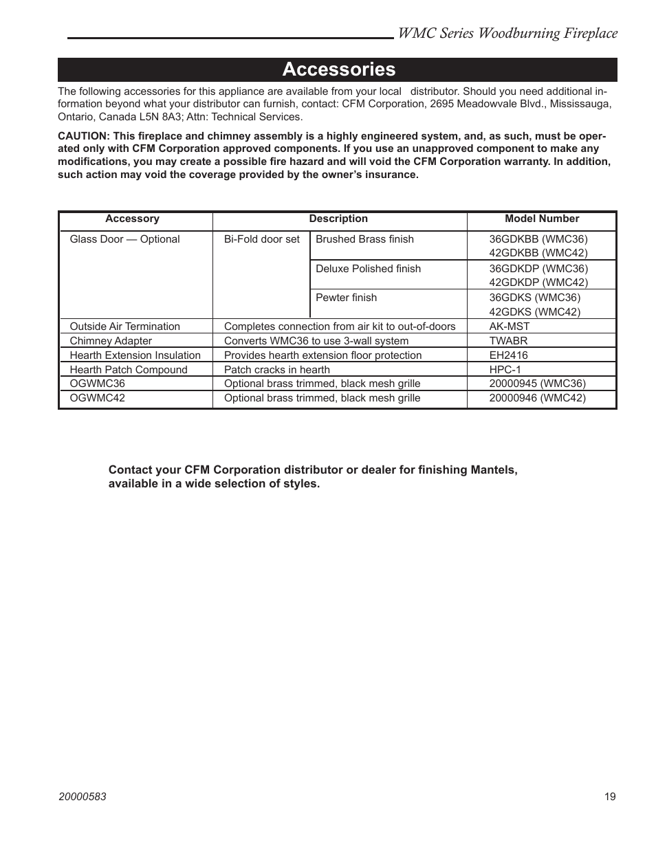 Accessories, Wmc series woodburning fireplace | CFM Corporation WMC36 WMC42 User Manual | Page 19 / 24