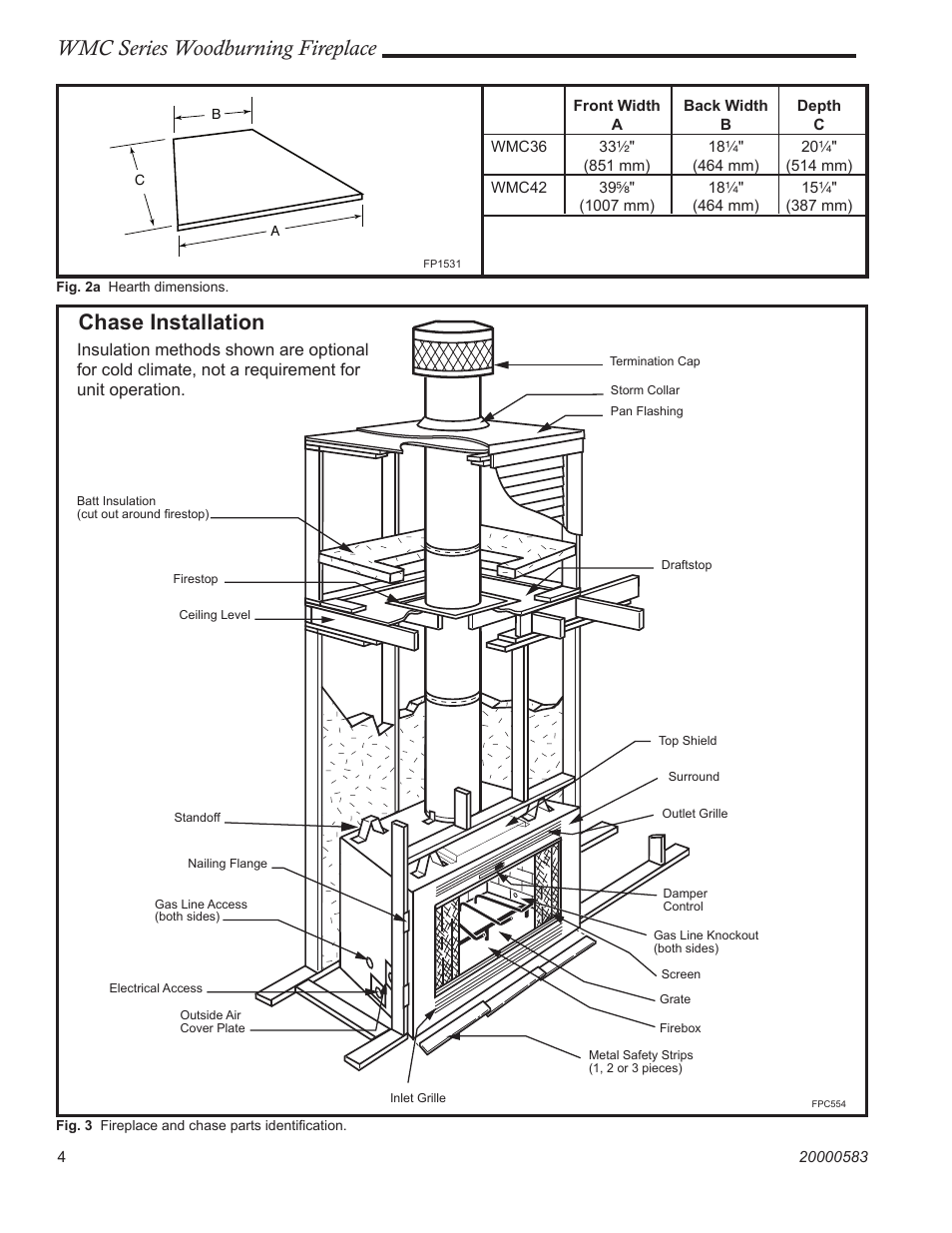 Wmc series woodburning fireplace, Chase installation | CFM Corporation WMC36 WMC42 User Manual | Page 4 / 24