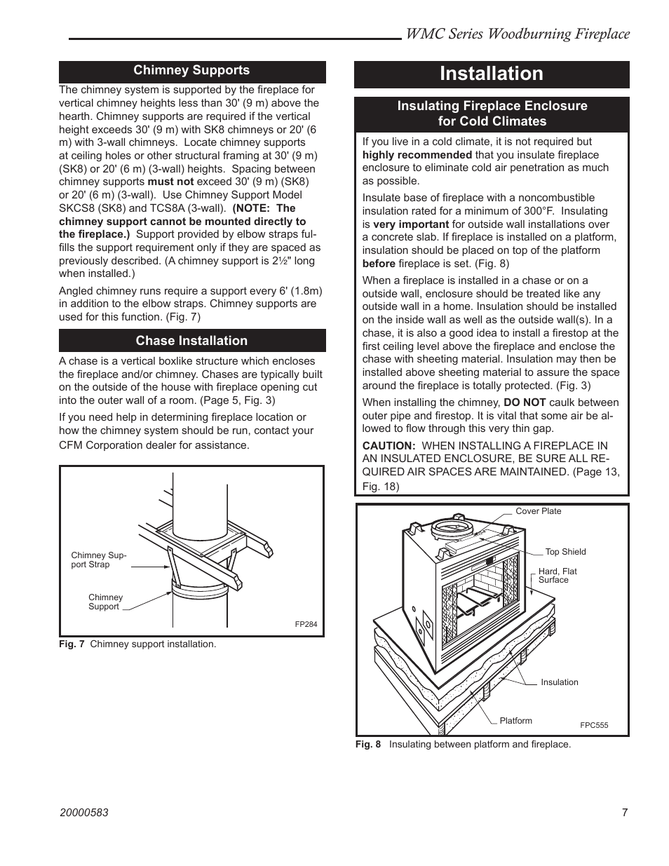 Installation, Wmc series woodburning fireplace, Chimney supports | Chase installation, Insulating fireplace enclosure for cold climates | CFM Corporation WMC36 WMC42 User Manual | Page 7 / 24