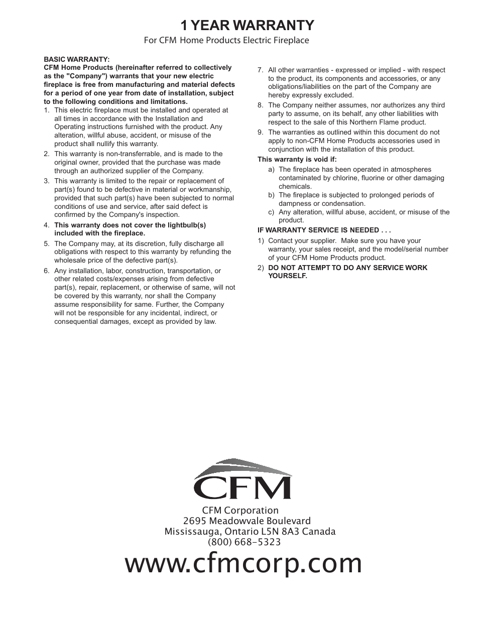 1 year warranty | CFM Corporation HEF22 User Manual | Page 14 / 14