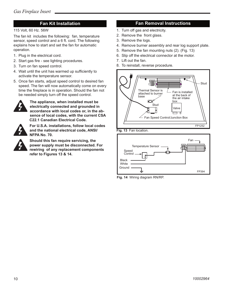 Gas fireplace insert, Fan kit installation, Fan removal instructions | CFM Corporation A125 User Manual | Page 10 / 32