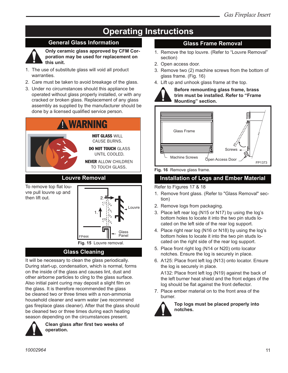 Operating instructions, Gas fireplace insert | CFM Corporation A125 User Manual | Page 11 / 32