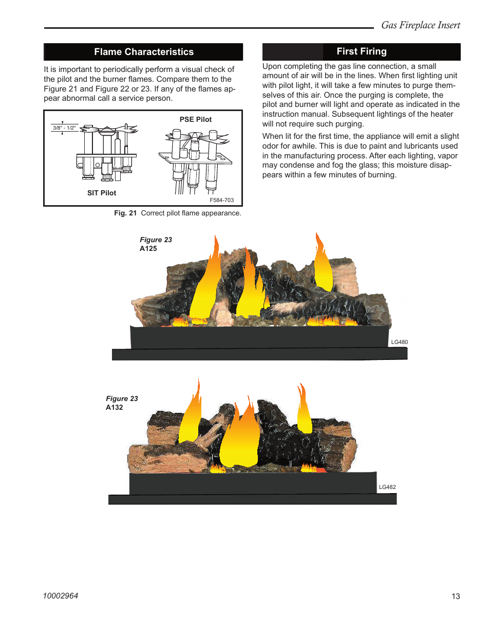Gas fireplace insert, First firing, Flame characteristics | CFM Corporation A125 User Manual | Page 13 / 32