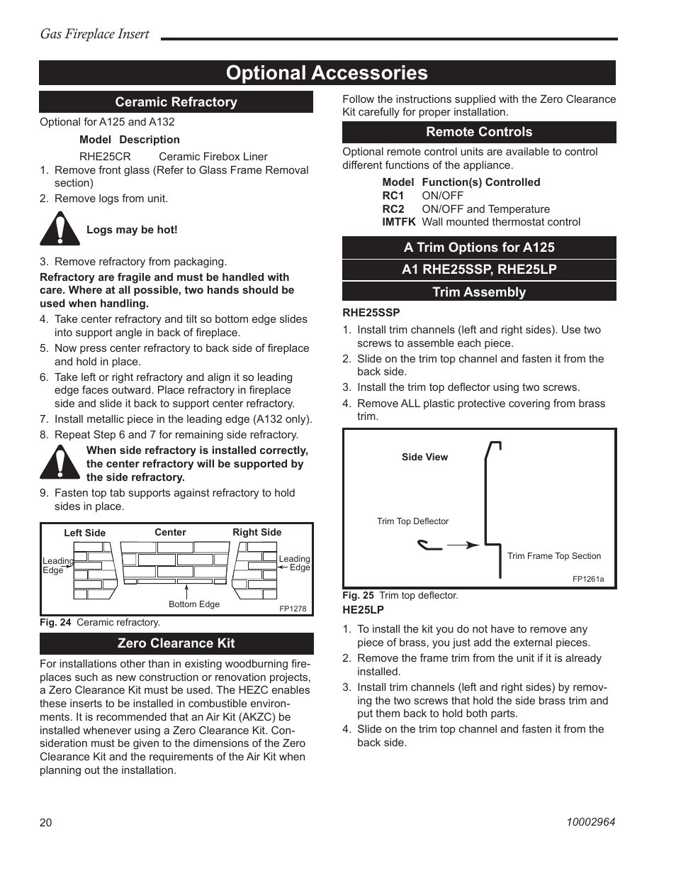 Optional accessories, Gas fireplace insert | CFM Corporation A125 User Manual | Page 20 / 32