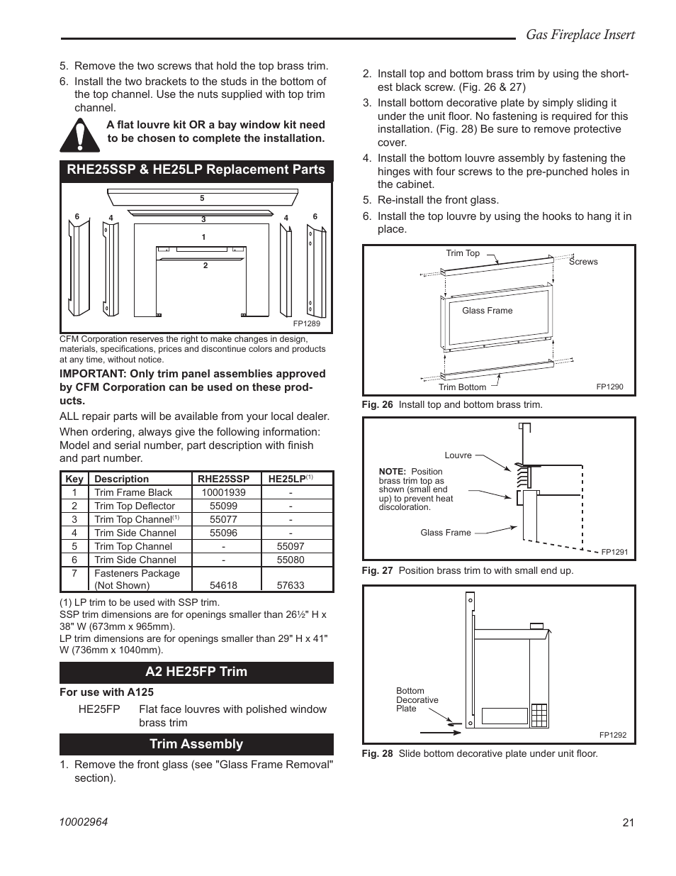 Gas fireplace insert, Rhe25ssp & he25lp replacement parts, A2 he25fp trim | Trim assembly | CFM Corporation A125 User Manual | Page 21 / 32