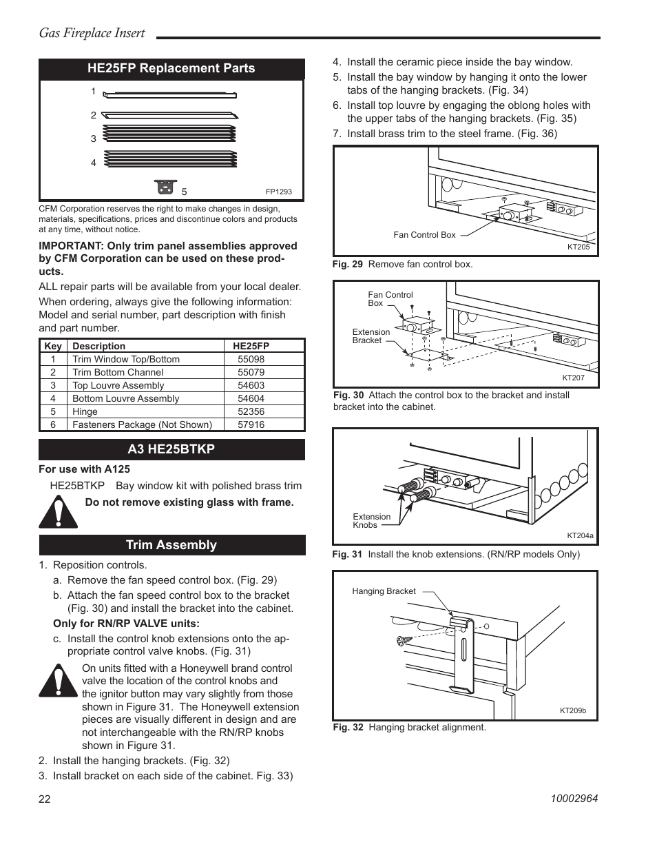 Gas fireplace insert, He25fp replacement parts, A3 he25btkp | Trim assembly | CFM Corporation A125 User Manual | Page 22 / 32