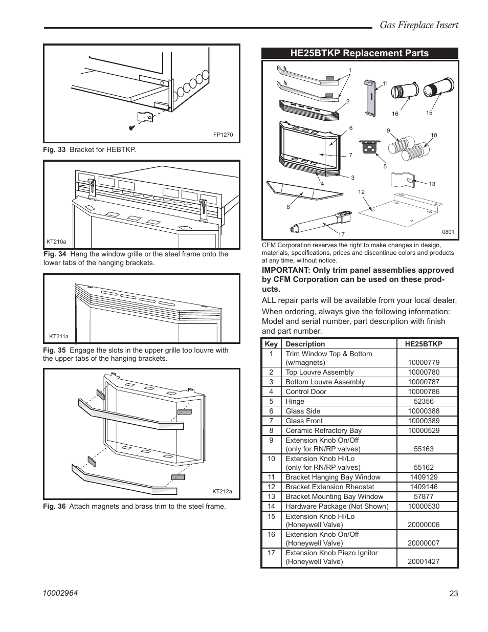 Gas fireplace insert, He25btkp replacement parts | CFM Corporation A125 User Manual | Page 23 / 32