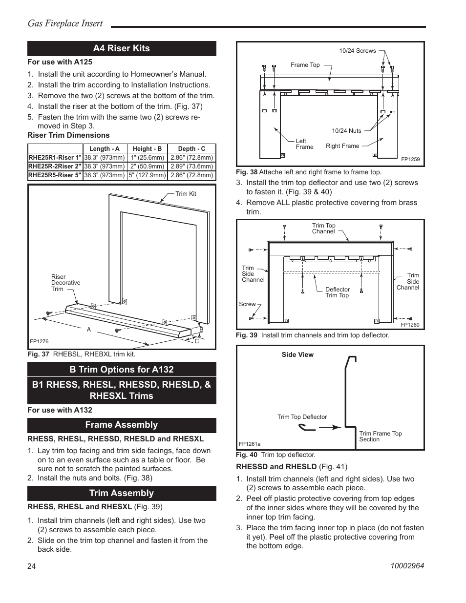 Gas fireplace insert, A4 riser kits, Frame assembly | Trim assembly | CFM Corporation A125 User Manual | Page 24 / 32