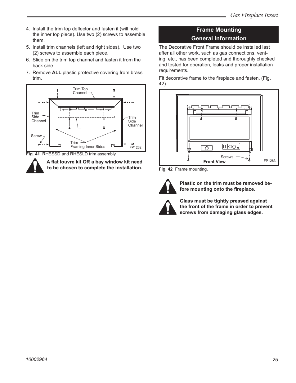 Gas fireplace insert, Frame mounting general information | CFM Corporation A125 User Manual | Page 25 / 32