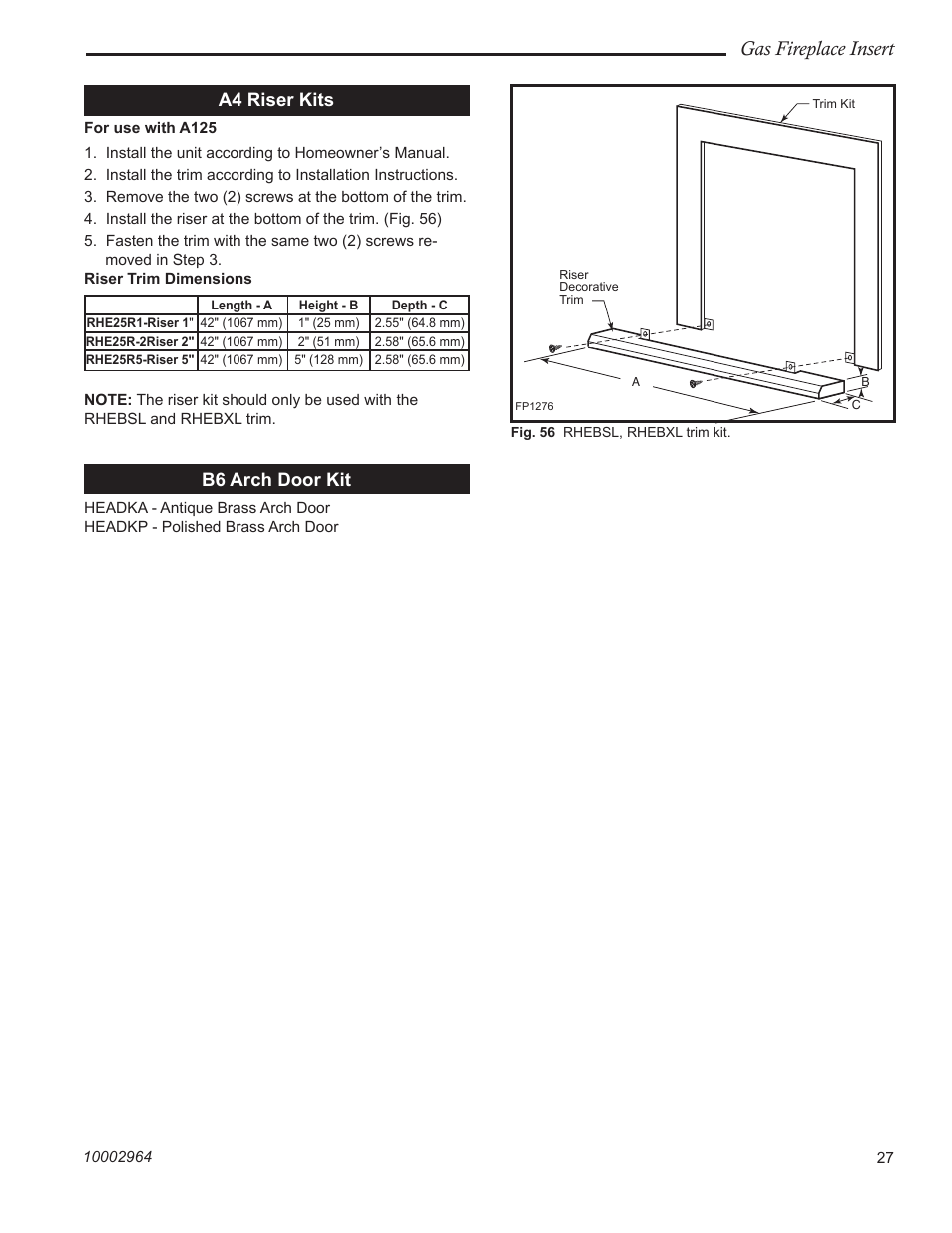 Gas fireplace insert, A4 riser kits, B6 arch door kit | CFM Corporation A125 User Manual | Page 27 / 32