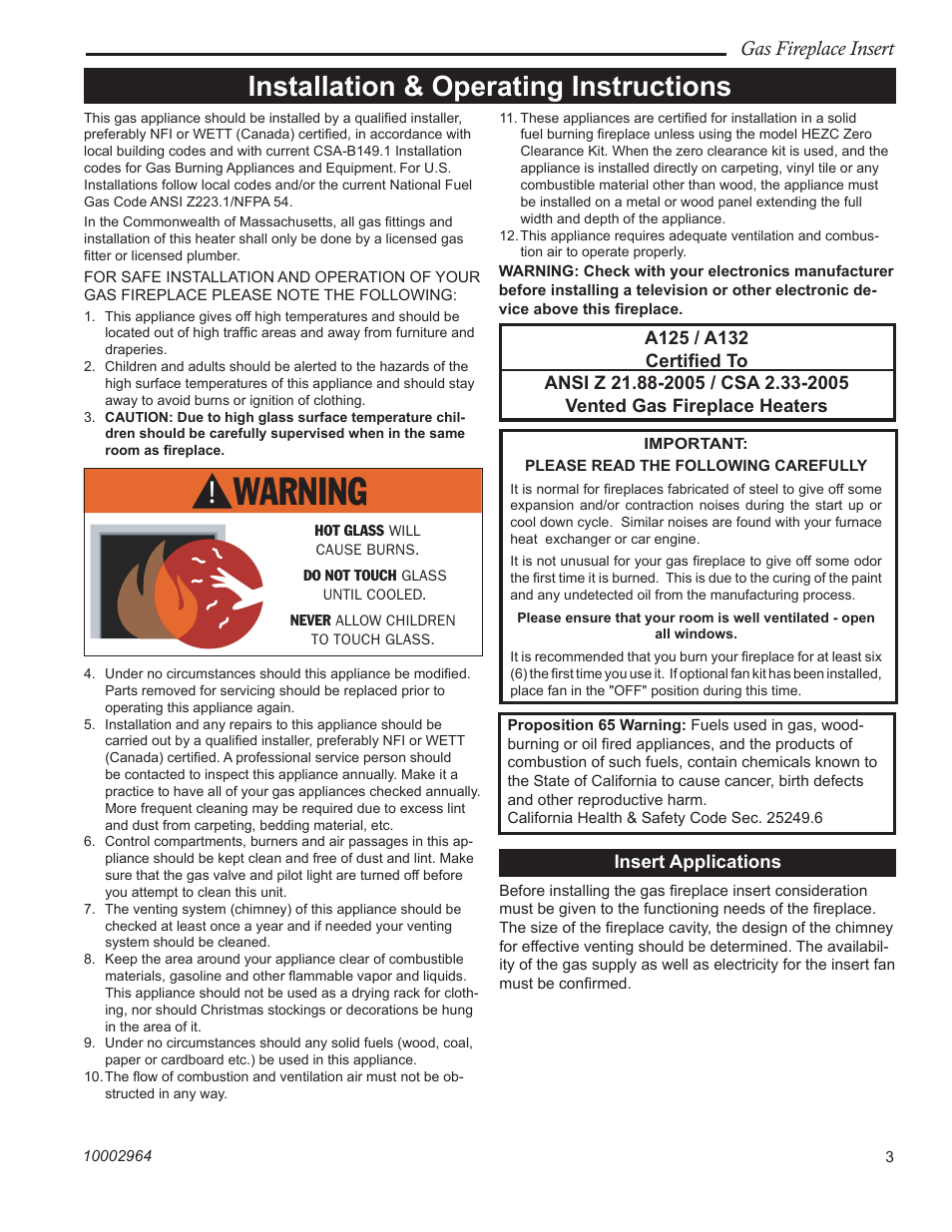 Installation & operating instructions, Gas fireplace insert | CFM Corporation A125 User Manual | Page 3 / 32