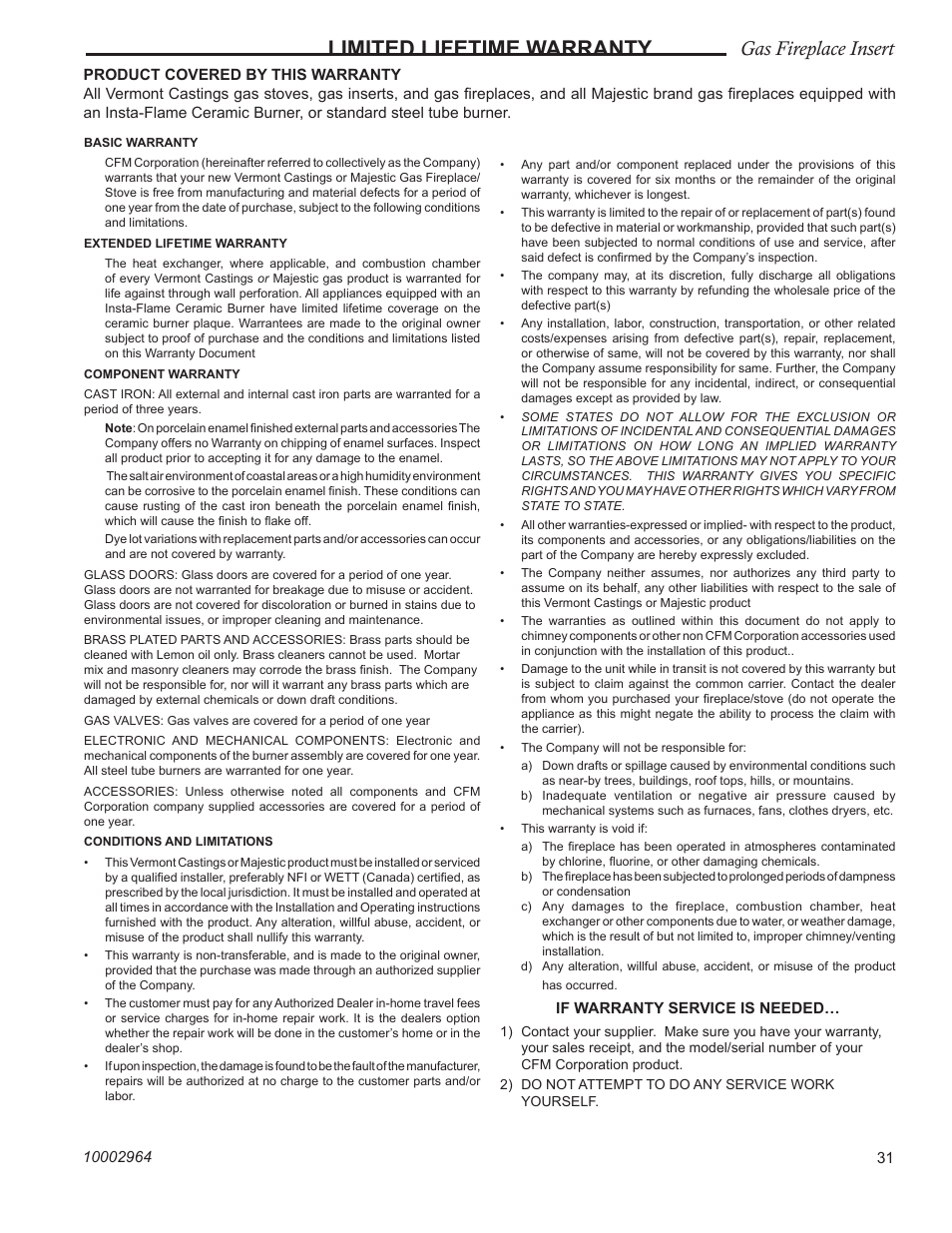 Limited lifetime warranty, Gas fireplace insert | CFM Corporation A125 User Manual | Page 31 / 32