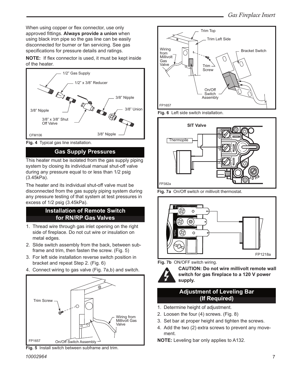 Gas fireplace insert, Gas supply pressures, Installation of remote switch for rn/rp gas valves | Adjustment of leveling bar (if required) | CFM Corporation A125 User Manual | Page 7 / 32