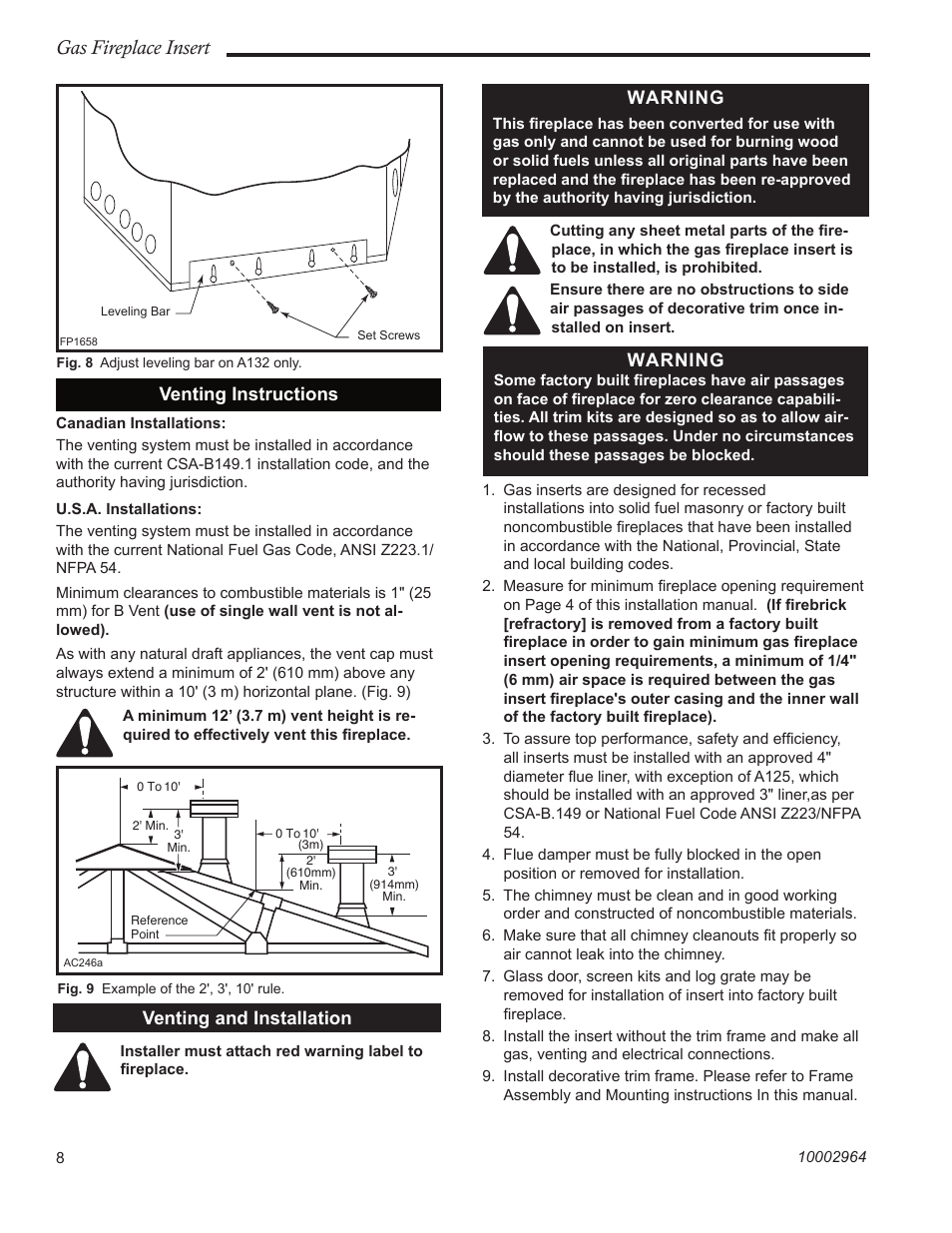 Gas fireplace insert, Venting and installation, Warning | Venting instructions | CFM Corporation A125 User Manual | Page 8 / 32