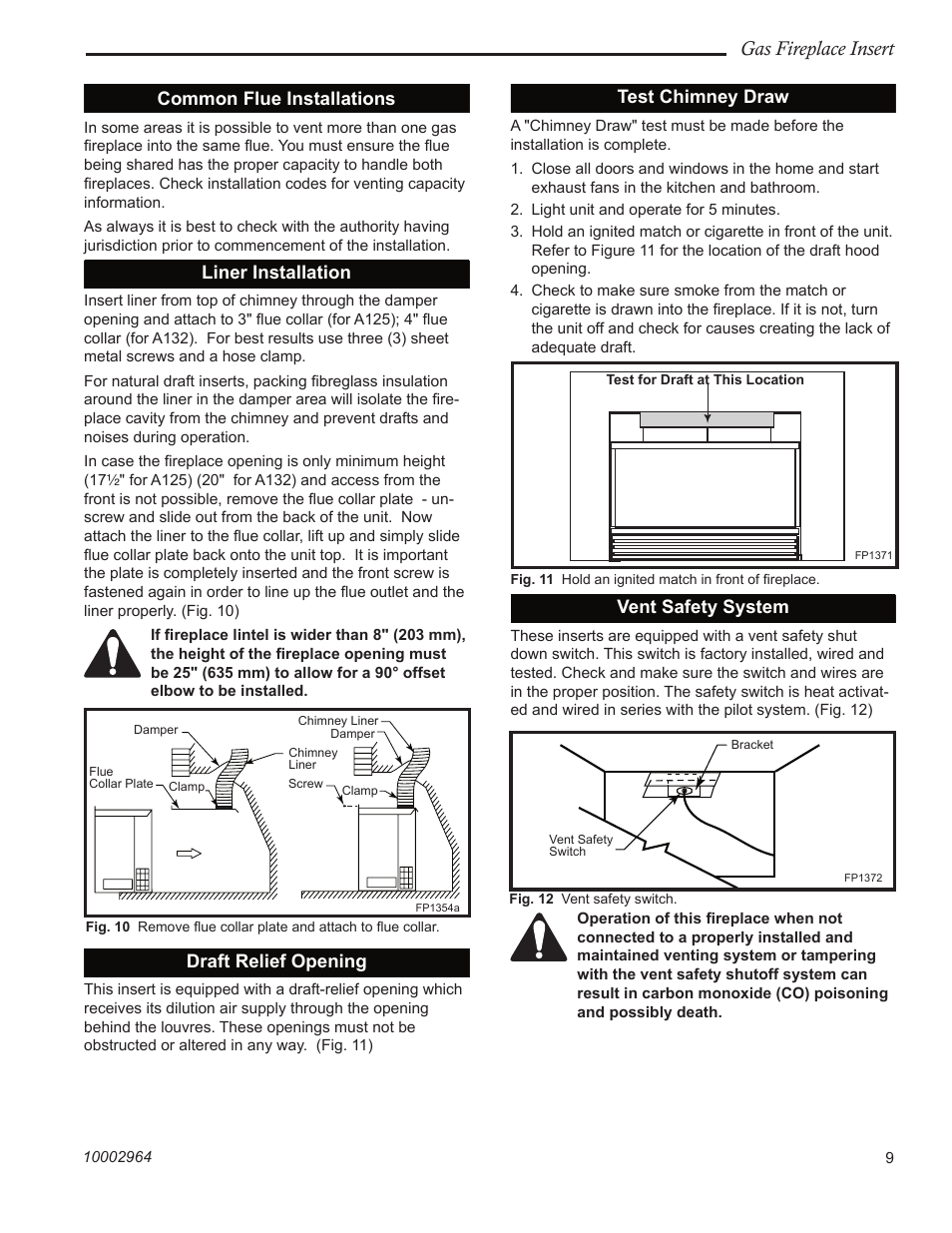 Gas fireplace insert, Common flue installations, Liner installation | Draft relief opening, Test chimney draw, Vent safety system | CFM Corporation A125 User Manual | Page 9 / 32