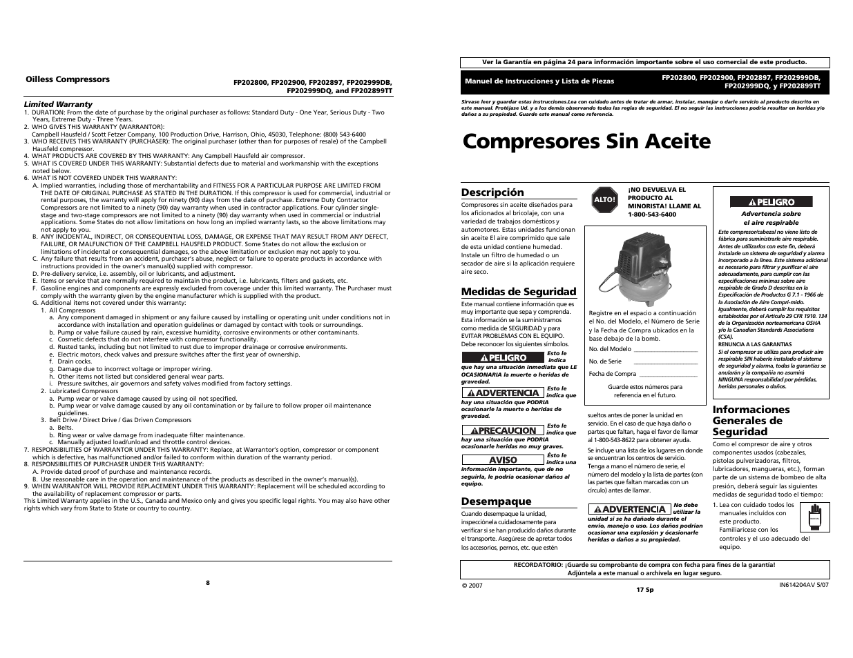 Compresores sin aceite, Informaciones generales de seguridad, Descripción | Medidas de seguridad, Desempaque | Harbor Freight Tools FP202999DQ User Manual | Page 8 / 12