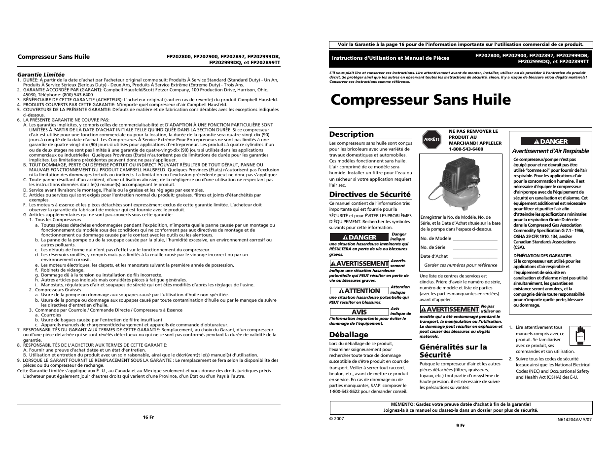 Compresseur sans huile, Généralités sur la sécurité, Description | Directives de sécurité, Déballage | Harbor Freight Tools FP202999DQ User Manual | Page 9 / 12