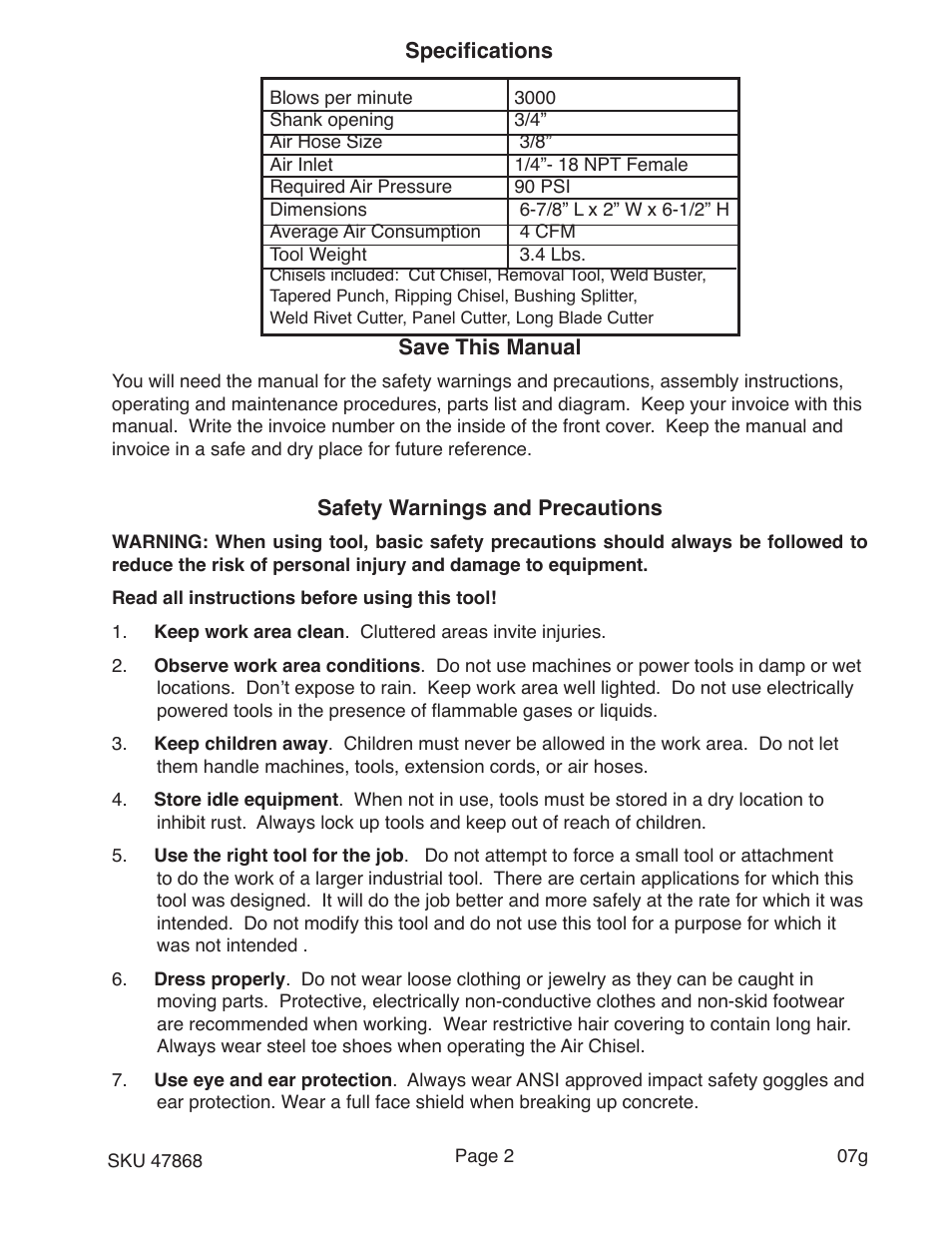 Harbor Freight Tools Model 47868 User Manual | Page 2 / 9