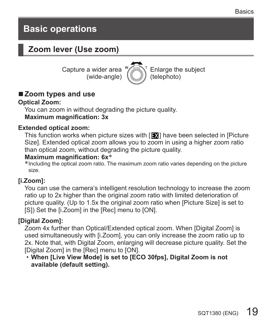 Basic operations, Zoom lever (use zoom) | Panasonic Lumix DMC-LX10K User Manual | Page 19 / 72