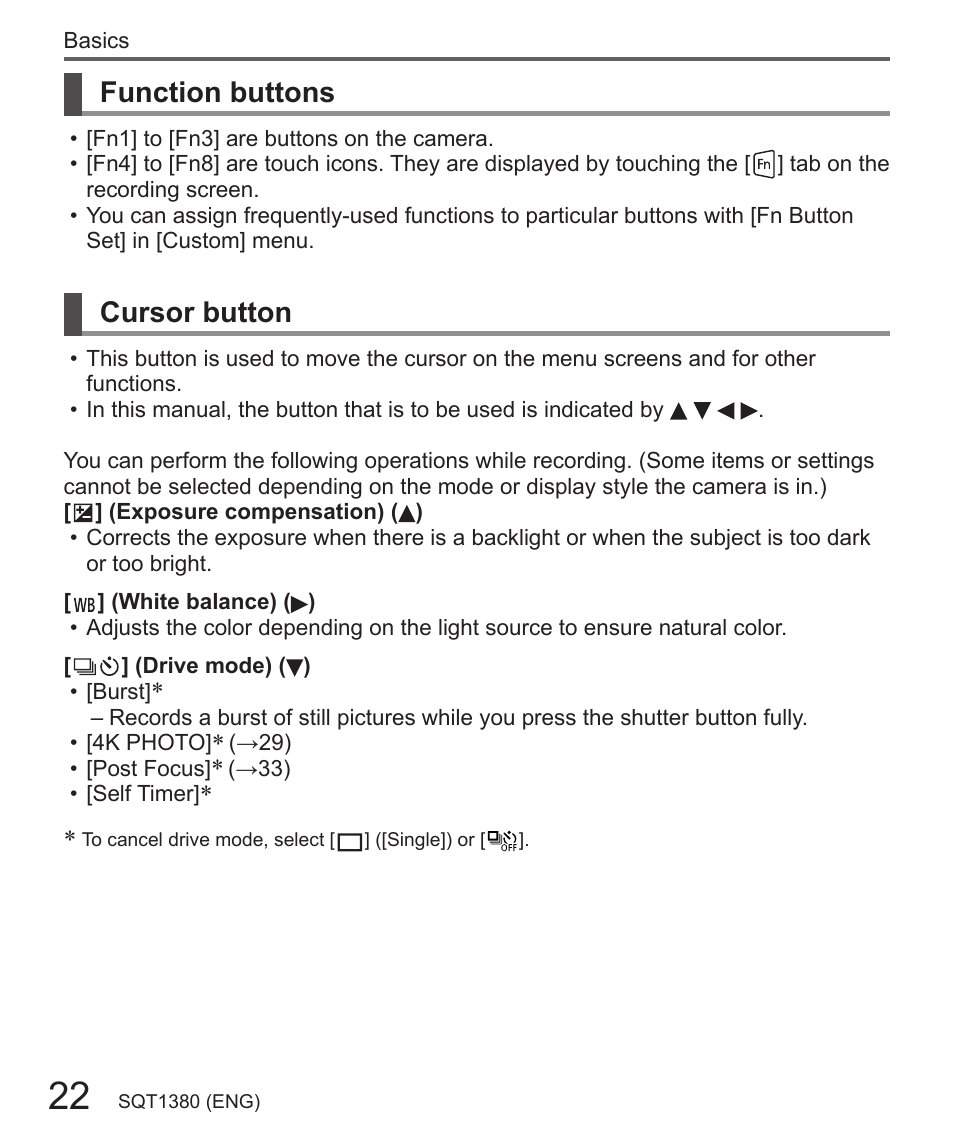 Function buttons, Cursor button | Panasonic Lumix DMC-LX10K User Manual | Page 22 / 72