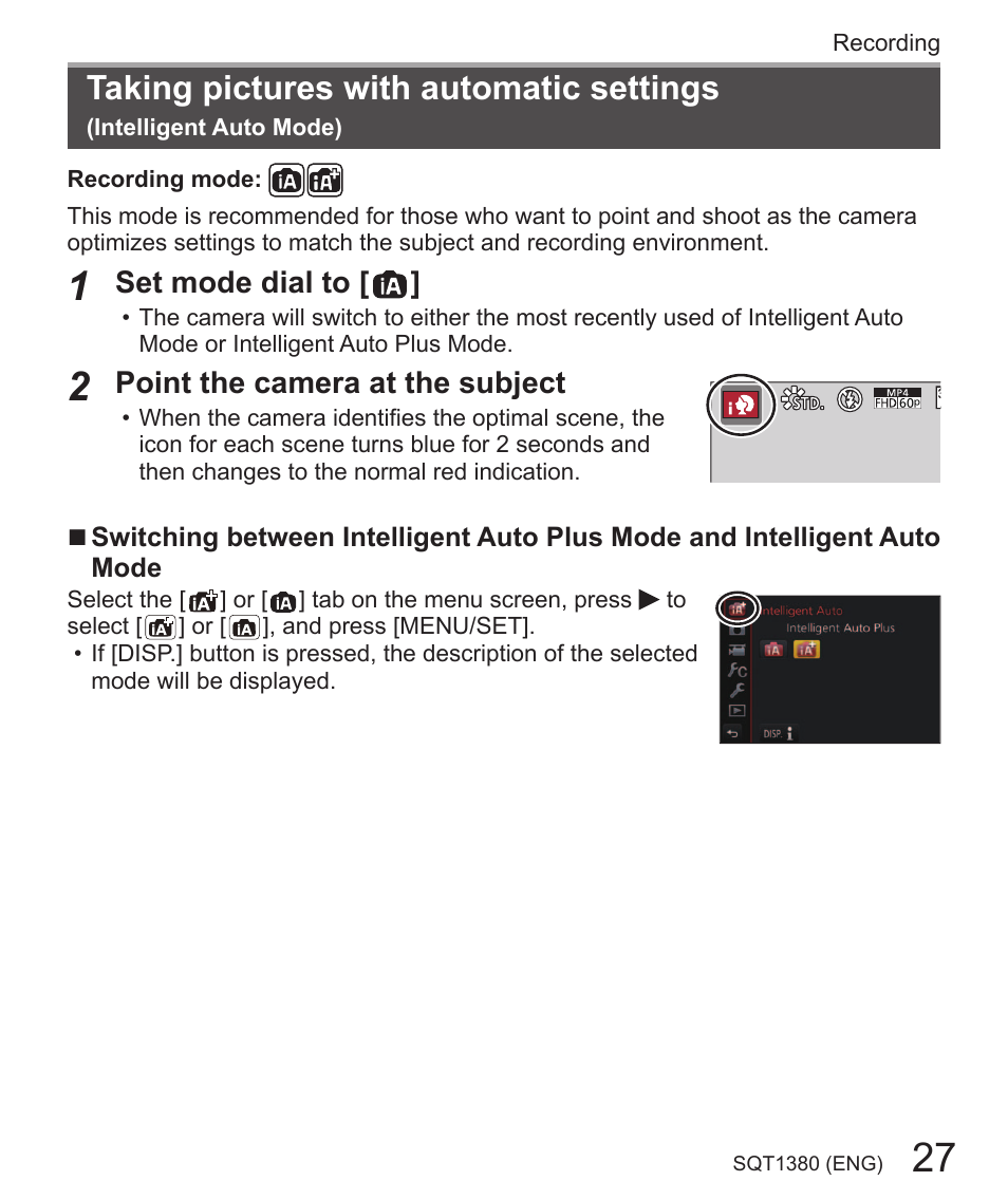 Taking pictures with automatic settings, Set mode dial to, Point the camera at the subject | Panasonic Lumix DMC-LX10K User Manual | Page 27 / 72