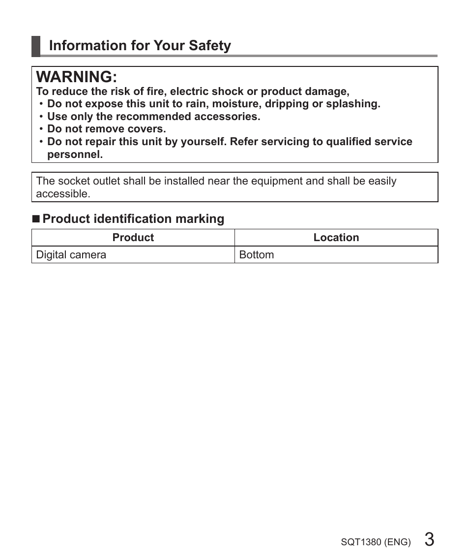 Warning, Information for your safety | Panasonic Lumix DMC-LX10K User Manual | Page 3 / 72
