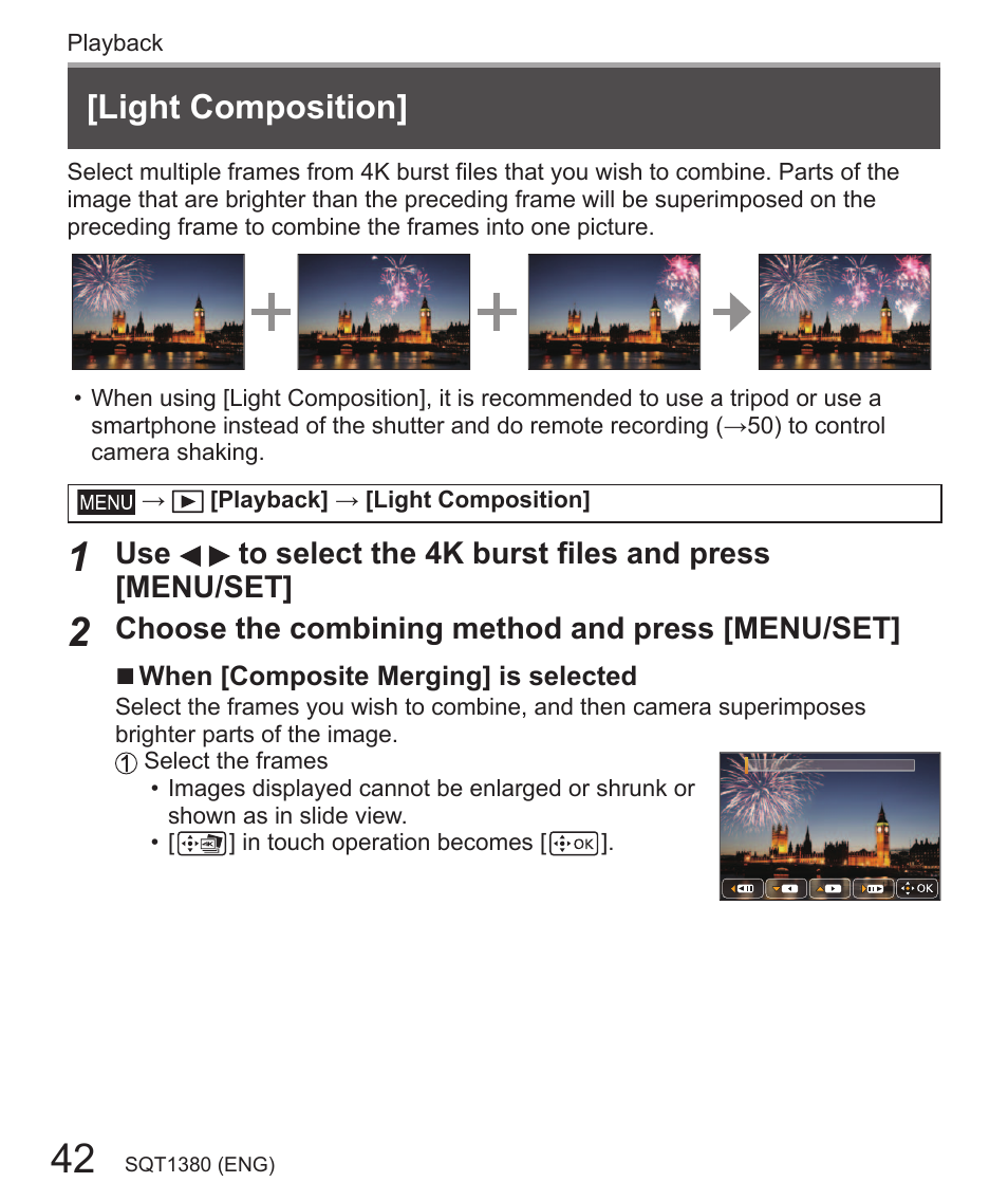 Light composition, Choose the combining method and press [menu/set | Panasonic Lumix DMC-LX10K User Manual | Page 42 / 72