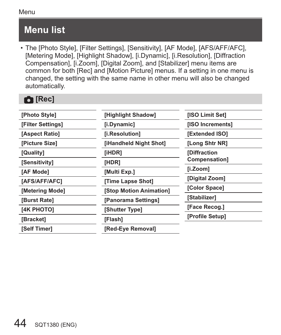 Menu list | Panasonic Lumix DMC-LX10K User Manual | Page 44 / 72