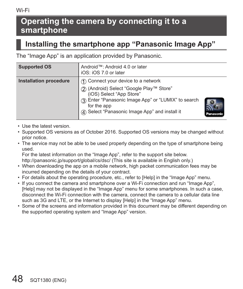 Installing the smartphone app “panasonic image app | Panasonic Lumix DMC-LX10K User Manual | Page 48 / 72