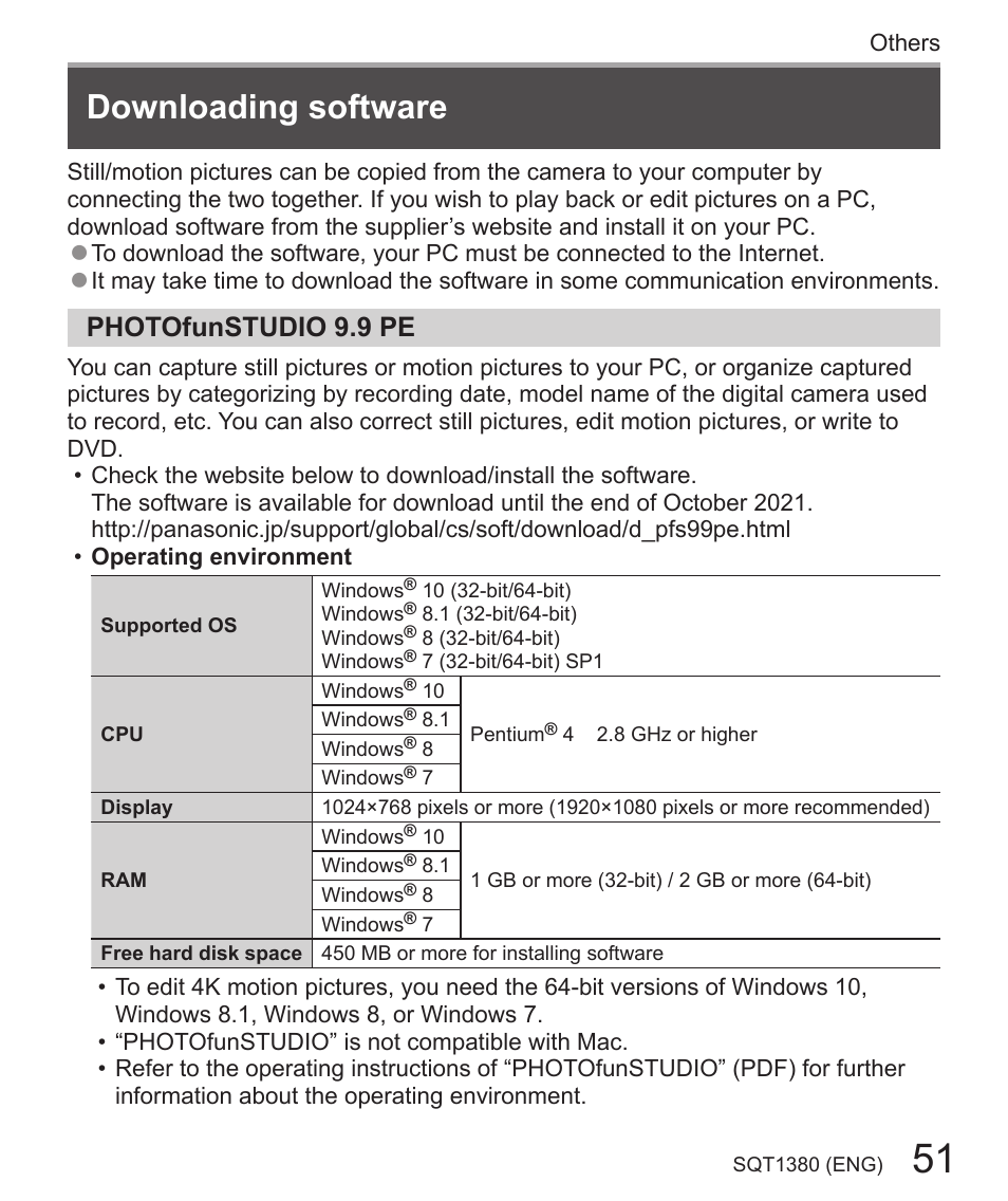 Downloading software, Photofunstudio 9.9 pe | Panasonic Lumix DMC-LX10K User Manual | Page 51 / 72