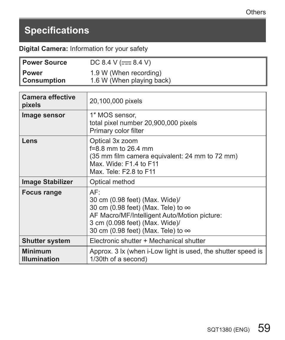 Specifications | Panasonic Lumix DMC-LX10K User Manual | Page 59 / 72