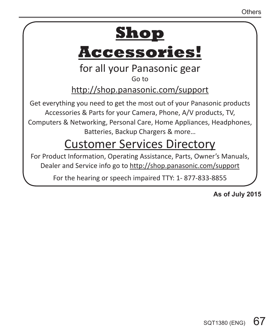 Customer services directory, For all your panasonic gear | Panasonic Lumix DMC-LX10K User Manual | Page 67 / 72