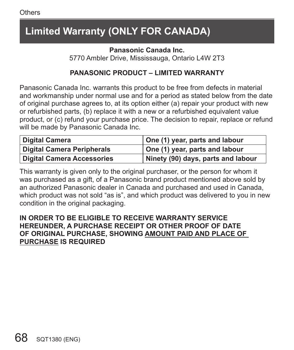 Limited warranty (only for canada) | Panasonic Lumix DMC-LX10K User Manual | Page 68 / 72