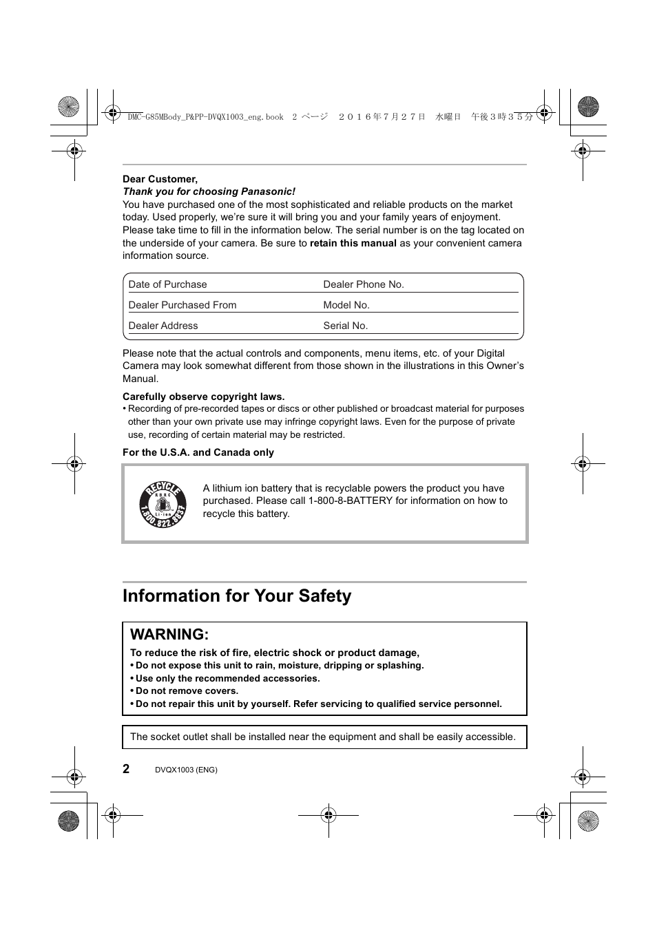 Information for your safety, Warning | Panasonic Lumix DMC-G85M User Manual | Page 2 / 80