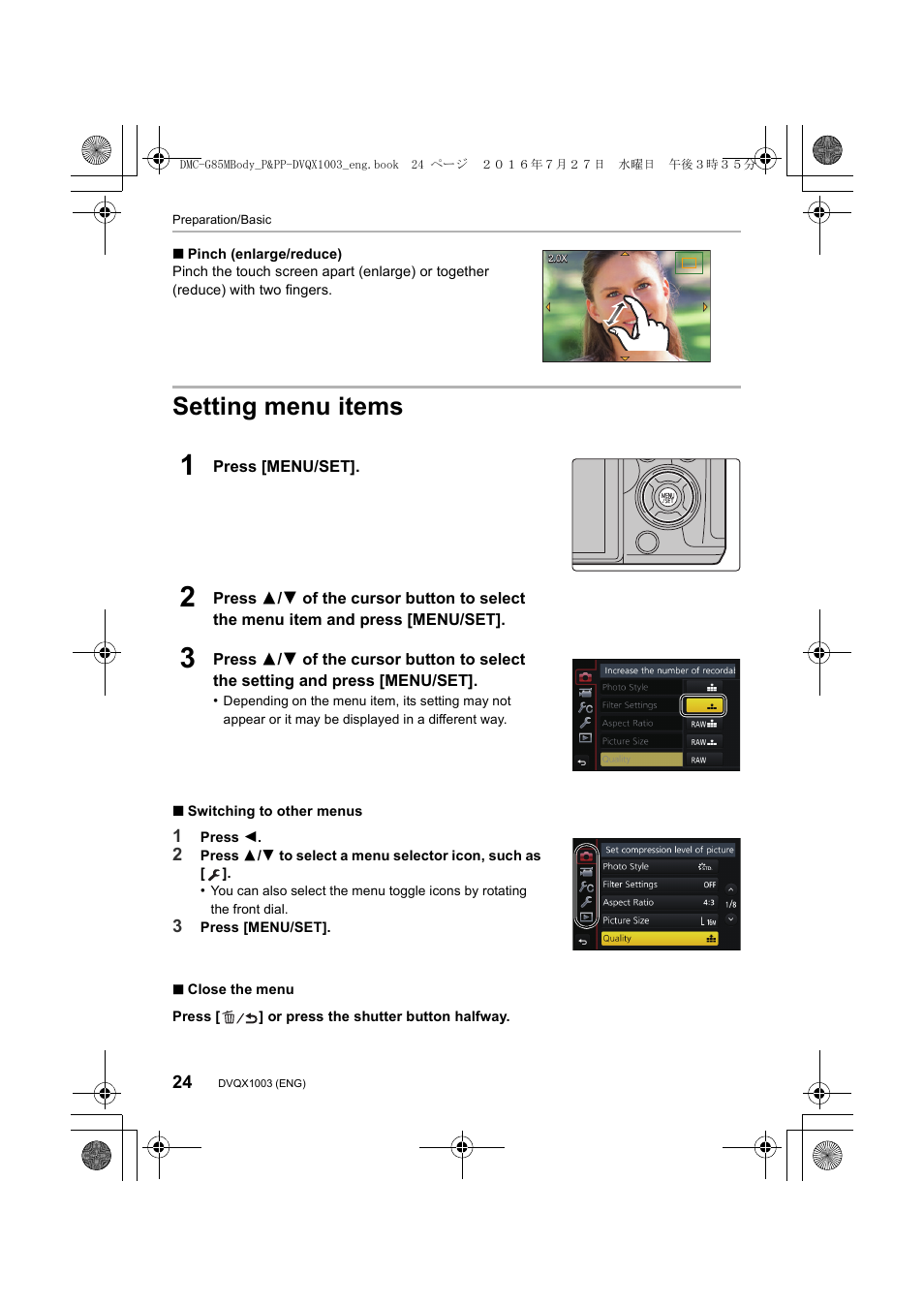 Setting menu items | Panasonic Lumix DMC-G85M User Manual | Page 24 / 80