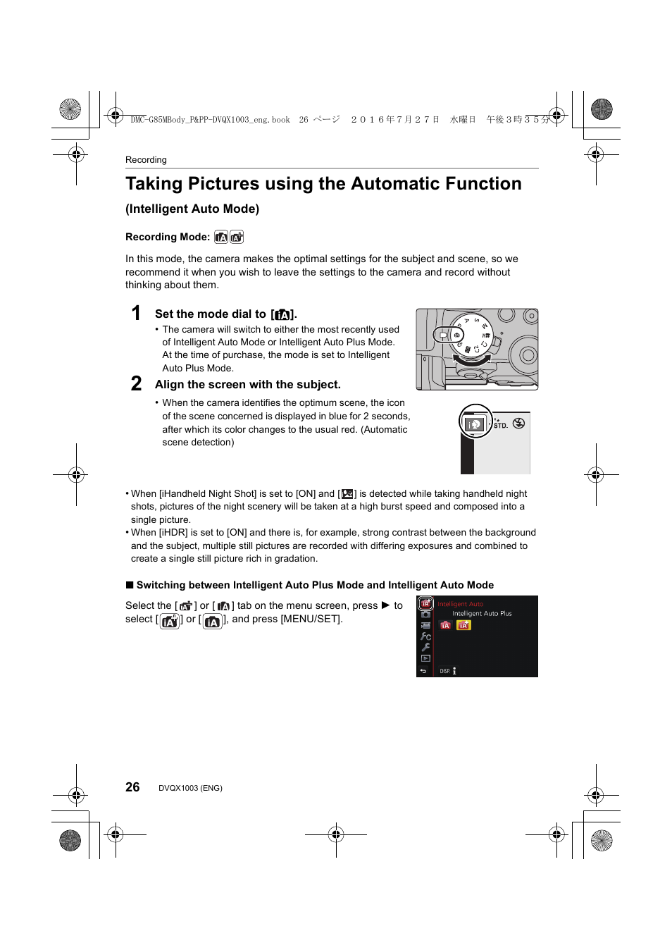 Taking pictures using the automatic function | Panasonic Lumix DMC-G85M User Manual | Page 26 / 80