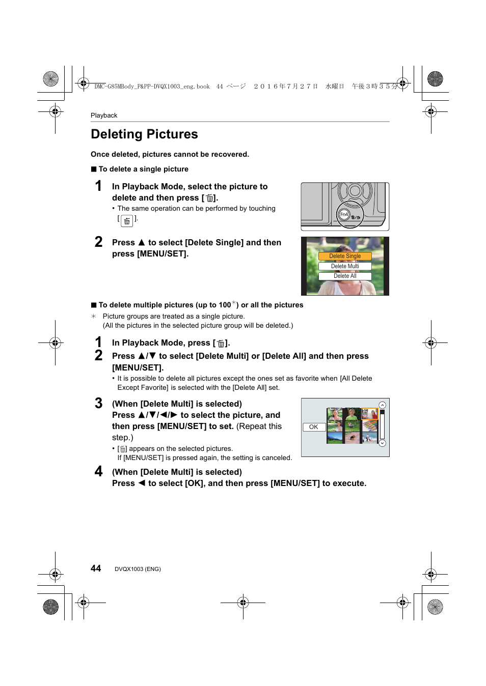 Deleting pictures | Panasonic Lumix DMC-G85M User Manual | Page 44 / 80